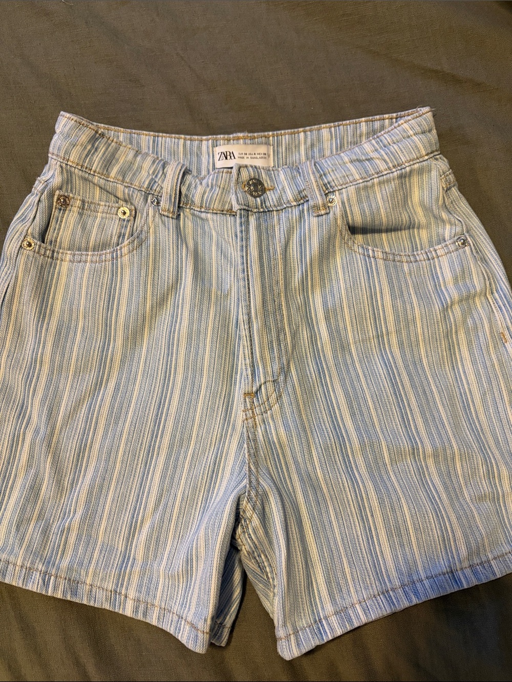 Zara Light Blue and White Striped Denim Shorts